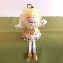 Angel Shelf Sitter Handmade Gold Tone Lace Trimmed Christmas Ornament Figurine - £5.51 GBP