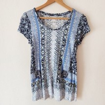 Lucky Brand LINEN Blend Printed Blue Green White Scoop Neck Top Tee Size... - $15.99