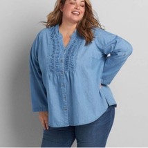 LANE BRYANT pintuck yoke chambray notch collar tab sleeve top size 14/16 - $21.29