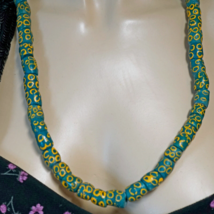 Antique African Trade Bead Necklace Interesting Blue Green w/ Hand Paint... - $65.55