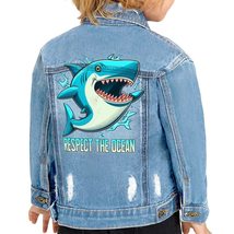 Shark Print Toddler Denim Jacket - Unique Jean Jacket - Graphic Denim Jacket for - £68.04 GBP