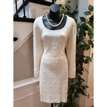 Vintage Carole Little Sheath Dress Medium Ivory Wool Beaded Floral Long Sleeve - £114.80 GBP