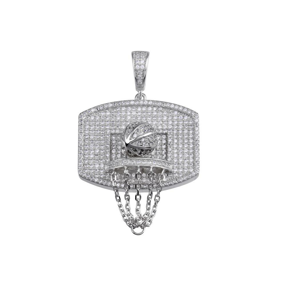 Sterling Silver 925 Rhodium Plated CZ Basketball Hoop Hip Hop Pendant - $59.95