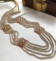 Indian Gold Plated Bollywood Ruby 925 Silver Jadau Necklace Pearl Jewelry Set - £976.07 GBP