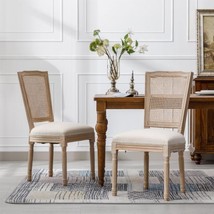 Linen Fabric Square Rattan Back Dining Chair,Set Of 2,Cream - £165.07 GBP