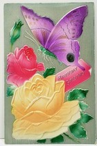 Birthday Embossed Airbrushed Purple Butterfly Colorful Roses 1910 Postcard B11 - £4.74 GBP