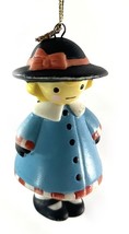 Porcelain Christmas Ornament Little Girl Blue Dress Coat Black Hat 2” - $6.13 CAD