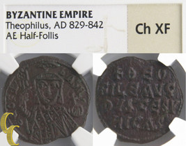 829-842 Byzantine Theophilus AE Half-Follis (Ch-XF NGC) Constantinople SB-1668 - £294.37 GBP