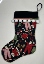 Handmade Christmas Stocking 15&quot; Santa &amp; Pajamas With Pompoms Cotton - £16.52 GBP