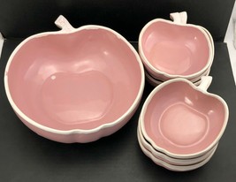 Vintage Ceramic Salad Serving Set 7pc Pink Drip Art Pottery Apple Shaped... - £78.22 GBP