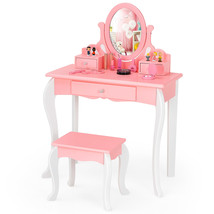 Kids Vanity Table &amp; Stool Set Wooden Little Princess Makeup Dressing Table Pink - £145.76 GBP