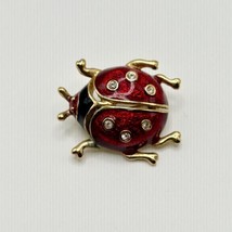 Ladybug Brooch Lapel Pin Red Black &amp; Gold Colored With 6 Faux Gems - £11.87 GBP