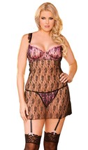 Black Lace Babydoll Pink Satin Cups Underwire G-String Lingerie Set 4594 Plus 1X - £21.98 GBP