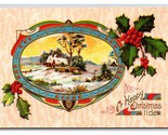 Happy Christmas Tide Cabin Scene Holly Embossed Gilt DB Postcard O18 - $3.91