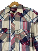 Vtg Wrangler Shirt Mens Medium X-Long Tails Pearl Snap Plaid Stripe Short Sleeve - £36.43 GBP