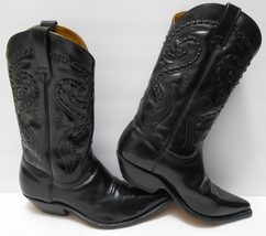 Tom Houston Women&#39;s Cowboy Boots Black Leather Raised Details 8 1/2 - £102.25 GBP