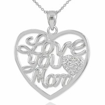 14K White Gold Diamond Heart &quot; Love You Mom &quot; Pendant Necklace Mother&#39;s Day Gift - £161.25 GBP+