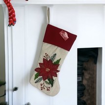 Holiday Time Christmas Stocking  Ivory Linen Red Poinsettia Applique 20&quot;... - £24.66 GBP