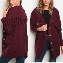 Burgundy Knit Cardigan Fringe Snap Closures Sz Large 14-16 - $28.71