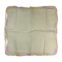 Vintage Beige Handkerchief With Multi Color Pink YellowCrochet Border Hanky - £11.00 GBP