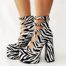 Zebra Women Boots Gladiator Style Block Heel Platform Shoes Buckles Round Toe Ch - £129.28 GBP