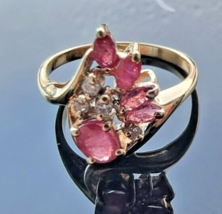 Retro 14K Yellow Gold Sparkling Diamond And Pink Topaz Ring Size 5.5 - $236.61