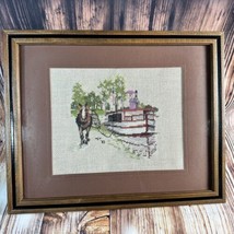 Vintage Cross Stitch Horse Ferry Boat Trees Water Complete Framed Finished 15x12 - £29.87 GBP