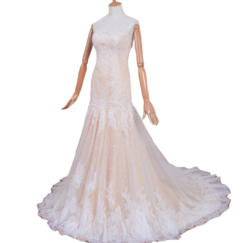 Kivary Sweetheart Mermaid Chapmagne and White Lace Tulle Long Corset Prom Evenin