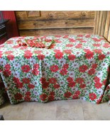 Lovely Christmas Holiday Poinsettia Fabric Tablecloth 58X 98&quot; 10 Napkins - $16.83