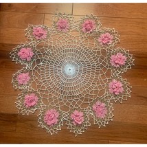 Hand Crocheted Pink Flower Doily White Vintage 17 inch - £14.99 GBP