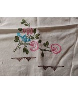 Vintage Hand Embroidered Table Runner Floral Bluebird 14.5x37 - $27.88