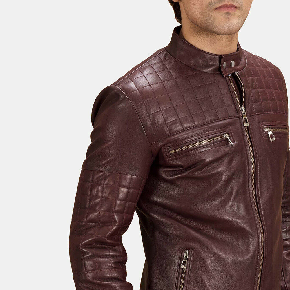 Primary image for Mens Quilted Maroon Biker Leather Jacket Real Lambskin Leather Hand Made