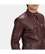 Mens Quilted Maroon Biker Leather Jacket Real Lambskin Leather Hand Made - $2,516.16 MXN