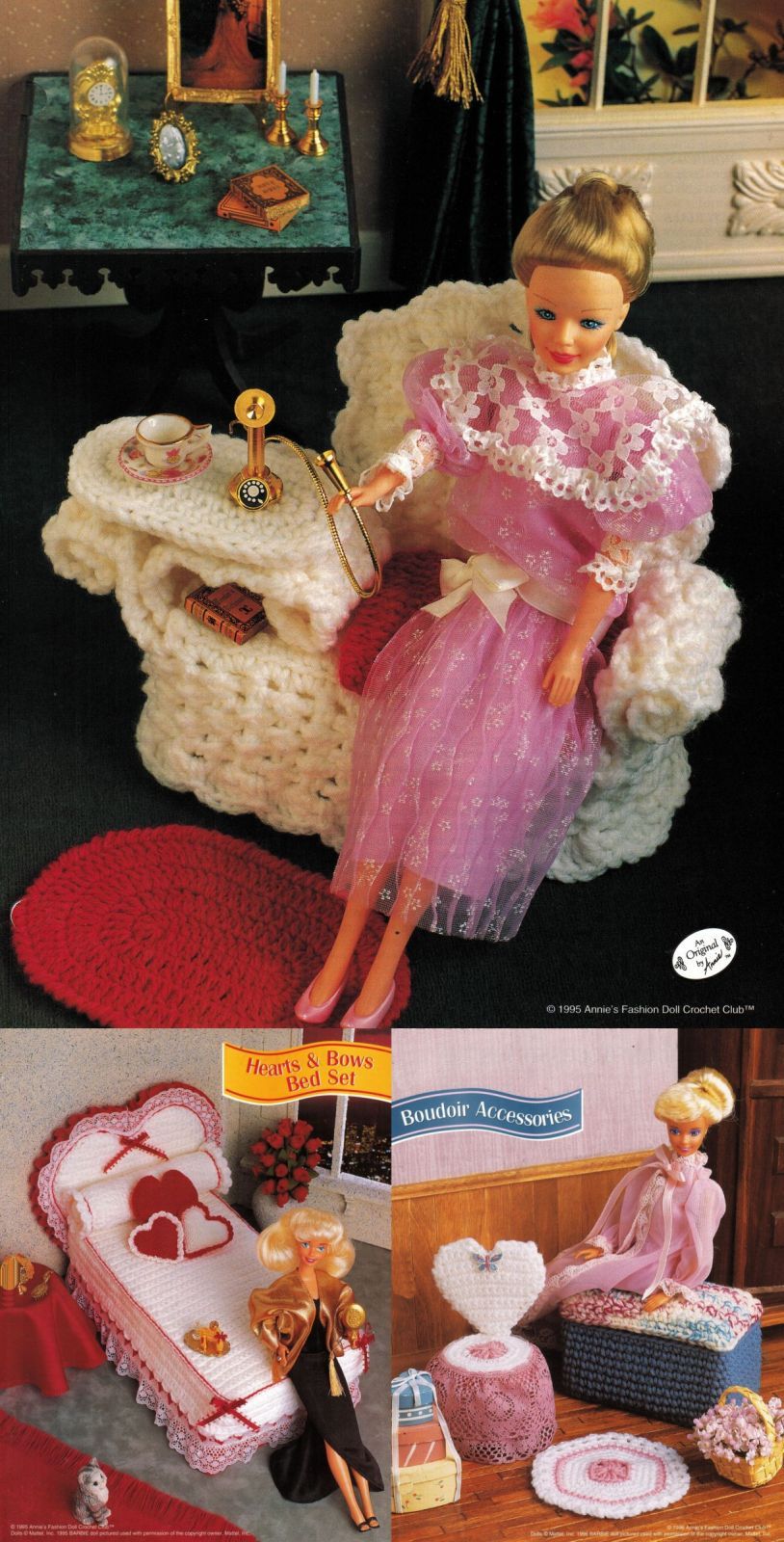 3X Hearts & Bows Bed Set Boudoir Wicker Gossip Bench Barbie Doll Crochet Pattern - $9.99