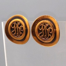 Vintage Monogram Style Copper Earrings, Clip On Modernist Mid Century Scrollwork - £25.52 GBP