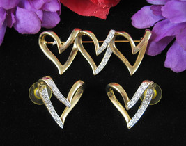 3/2 Rhinestone HEARTS Vintage PIN &amp; EARRINGS  Brooch Pierced Goldtone Si... - £14.99 GBP