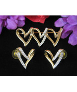 3/2 Rhinestone HEARTS Vintage PIN &amp; EARRINGS  Brooch Pierced Goldtone Si... - £14.78 GBP