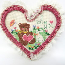 I Love You Cross Stitch Heart Teddy Bear Mounted Lace Completed 6&quot; Handmade - £14.54 GBP