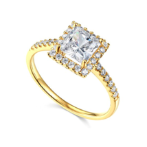 Princess Halo Engagement Wedding Ring 14K Yellow Gold Plated LC Moissanite Xmas - £79.96 GBP