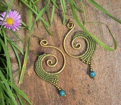 macrame spiral earrings, beige boho jewelry, green tribal brass earrings - £19.72 GBP