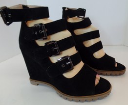 Linea Paolo Black Sueded High Wedge Multi Strap Silvertone Buckles Peep ... - $49.50