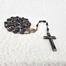 Rosary w Ebony Crucifix Black Beads Silvertone Italy 24&quot; Vtg Catholic Ch... - £27.78 GBP