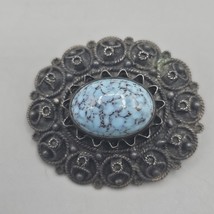 Vtg Israel 935 Silver Brooch Pin Turquoise Cabochon Etruscan Style - $39.99
