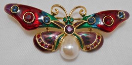 Joan Rivers Vintage Butterfly Brooch Pin Gold Tone Faux Pearl &amp; Rhinestones - £42.33 GBP