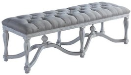 Bed Bench King Henry White Ornate Wood Stretcher Finials Tufted Gray Linen Seat - £1,237.97 GBP