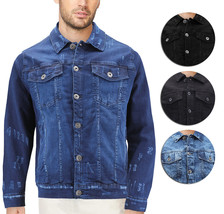 Men’s Classic Distressed Casual Button Up Stretch Jean Trucker Denim Jacket - $39.54