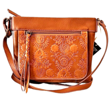 The Sak Brown Tan Leather Crossbody Bag Purse Embossed Floral 9” x 8” - $83.20