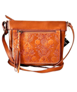 The Sak Brown Tan Leather Crossbody Bag Purse Embossed Floral 9” x 8” - $83.20