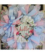 Pastel Hello Door Wreath  Mesh Floral Home Decor  Spring Accent  24 Inch - $59.99