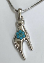 Blue Flower Silver Tone Hand Pendant Necklace - £6.30 GBP